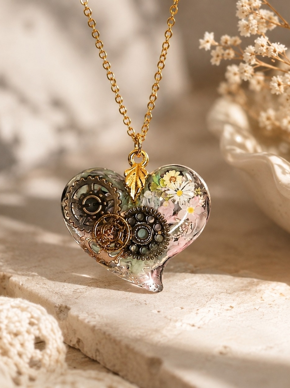 Gold-Tone Heart Pendant Necklace with Floral & Gear Accents - Pink/Gold